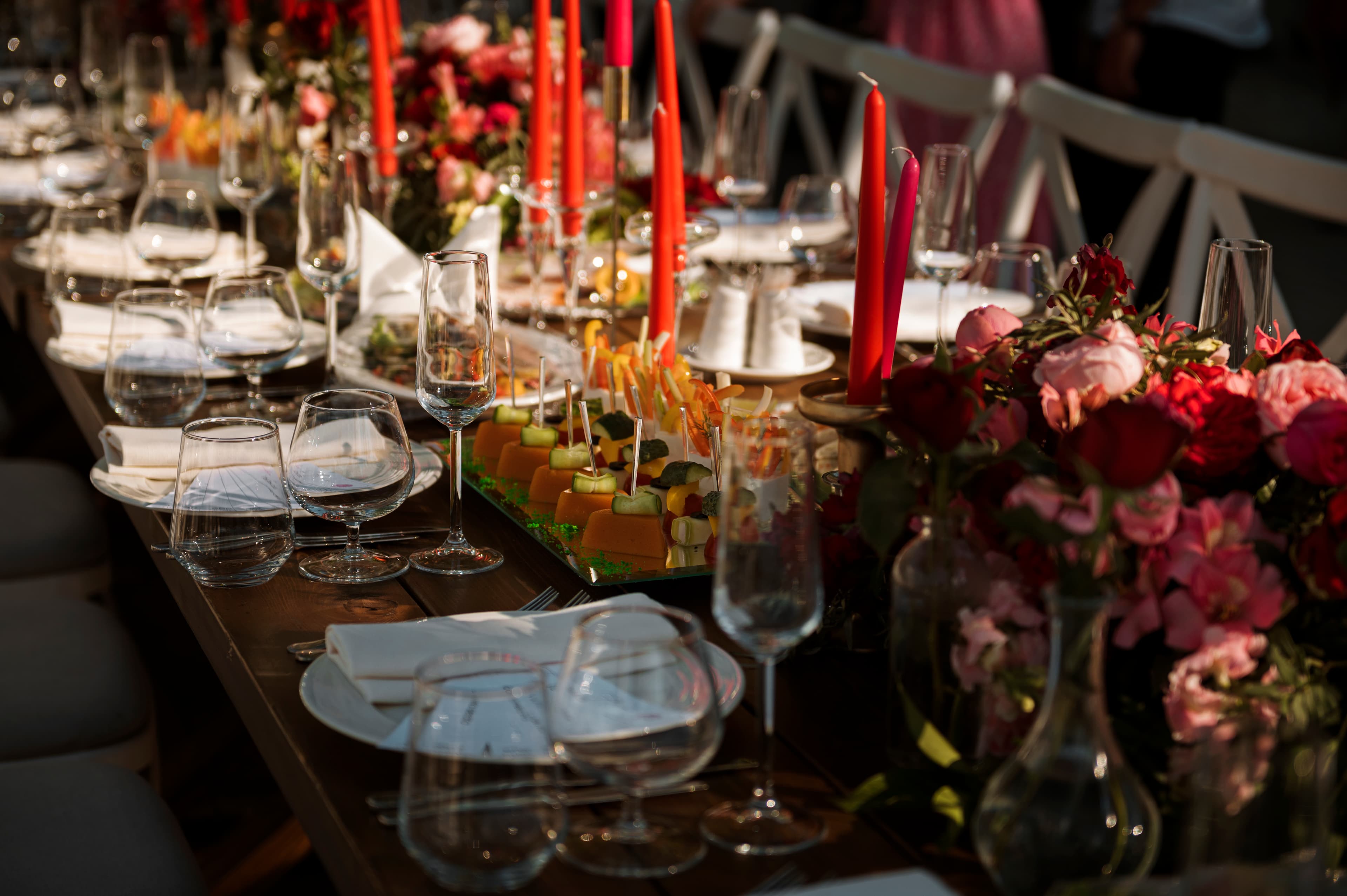 A detailed view of the banquet hall setup for an event